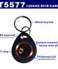 Close-up of 125KHz RFID Fob Tags T5577 Writable Cards Pack Of 10 With Keychain Ring For Easy Carry, showing ABS material and chip.