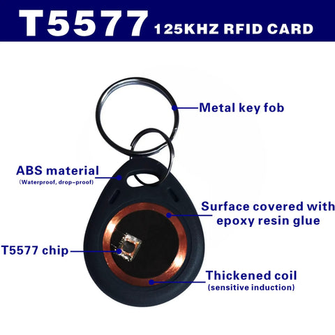 Close-up of 125KHz RFID Fob Tags T5577 Writable Cards Pack Of 10 With Keychain Ring For Easy Carry, showing ABS material and chip.