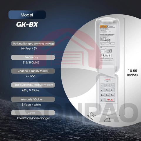 Universal Wireless Genie Garage Door Opener Keypad Replacement For Intellicode Genies 1995 To Present Tool Free Installation shown in packaging with specs
