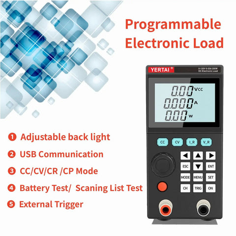 Electronic Load Tester ET5407A Plus 200W 30A 180V Single Channel Programmable Power Sink With 1mV to 10mV and 1mA to 10mA High Resolution LCD Backlit Display USB Remote PC Control Gray front view