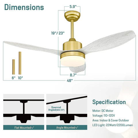 Gold Finish Ceiling Fan With Lights And Remote Control 48 Inch Indoor Outdoor Ceiling Fan With White Wood Blades