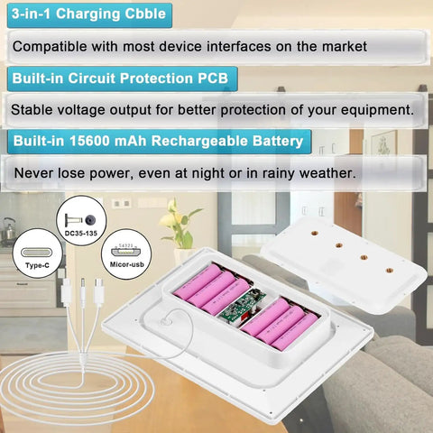 Heavy Duty 9W Solar Panel With Built In 15600 Mah Battery Reserve Set Up For Wireless Security Cameras And Outdoor Gear featuring 3-in-1 charging cable and internal battery.