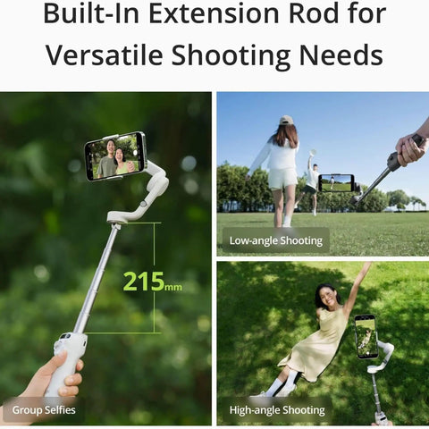 Osmo Mobile 6 Smartphone Gimbal Stabilizer with built-in extension rod shown in use for group selfies and various shooting angles outdoors.