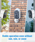 Wireless Outdoor Security Cam System With 2K HD Color Night Vision in different weather conditions, mounted on walls.