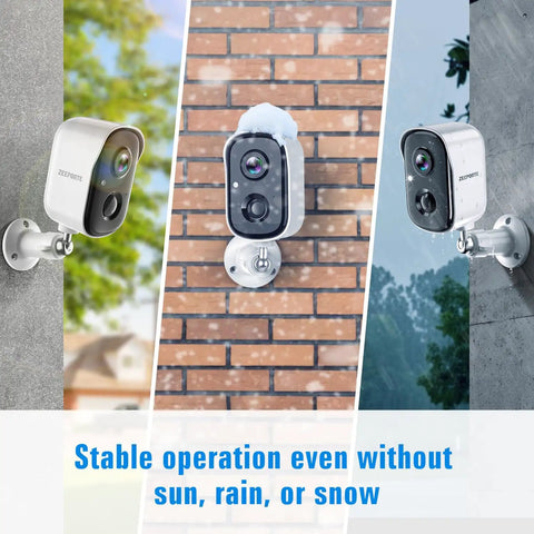 Wireless Outdoor Security Cam System With 2K HD Color Night Vision in different weather conditions, mounted on walls.