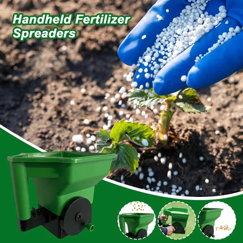 Person using handheld lawn spreader with precise control and anti clog hopper for even seed and fertilizer distribution on lawns.
