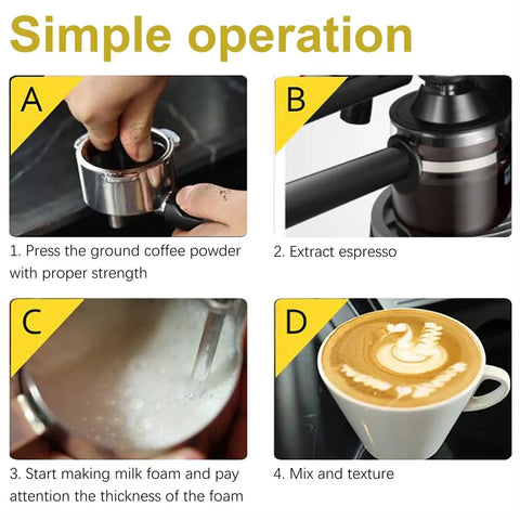 Built In Coffee Machine With Milk Frother, Home Barista Style Espresso Maker For Cappuccinos And Lattes, Electric Coffee Brewer For Ground Or Beans showing steps to brew and froth milk.