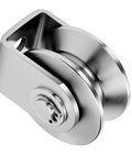 Close-up of 4 Pack 2 Inch V Groove Wheel And Stainless Steel Pulley Blocks For Sliding Gates Doors And Windows Tracks Double Bearings 48mm Caster Rollers Built To Last Rust Resistant Smooth And Durable Hardware.