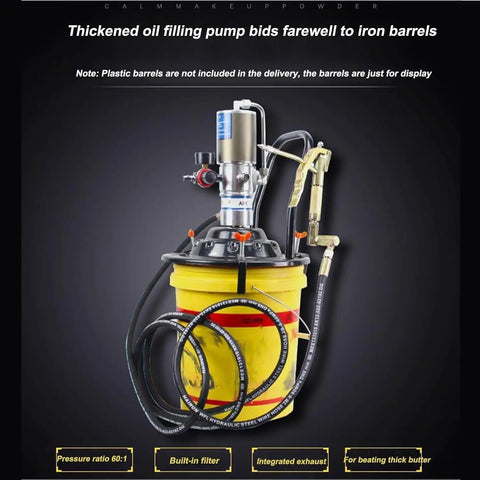 60 to 1 Air Operated Pro Grade Grease Pump With 0.85 L Per Minute Output and 12.5 ft Outlet Pipe in use on yellow barrel