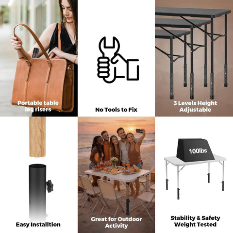 Heavy Duty Table Leg Extenders Providing Three Level Height Adjustable Folding Risers for easy outdoor use and tool-free installation.