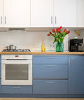Modern kitchen with blue cabinets, installed with 30 Pack Brushed Nickel Cabinet Pulls 7-3/8 Inch Long Stainless Steel Handles