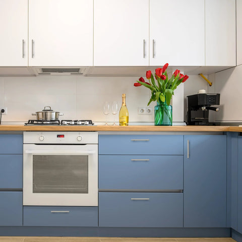 Modern kitchen with blue cabinets, installed with 30 Pack Brushed Nickel Cabinet Pulls 7-3/8 Inch Long Stainless Steel Handles
