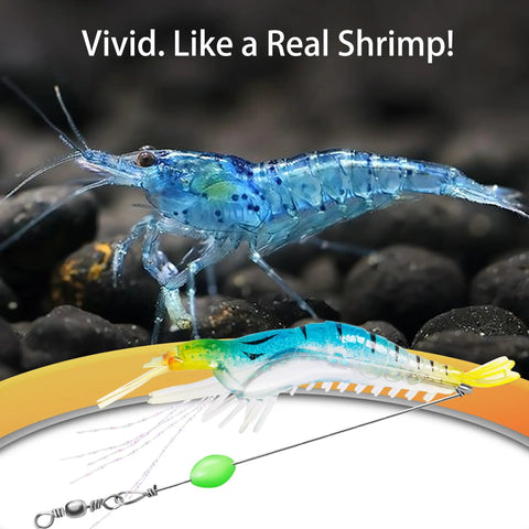 Realistic blue shrimp and lure from 14 Piece Glow In The Dark Shrimp Lures Set With Bait Box 7 Color Premium Soft Shrimp Tackle For Saltwater And Freshwater Luminous Hooks For Aggressive Fish Night Fishing Edge Easy To Store And Ready For Action.