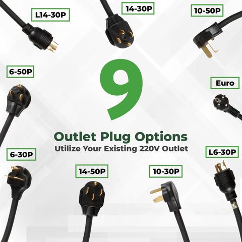 Various plug options for Level 2 Electric Vehicle Charger With Adjustable Amperage From 10 Amp To 32 Amp, 50 Foot Cable EVSE For 14 To 30P Plugs