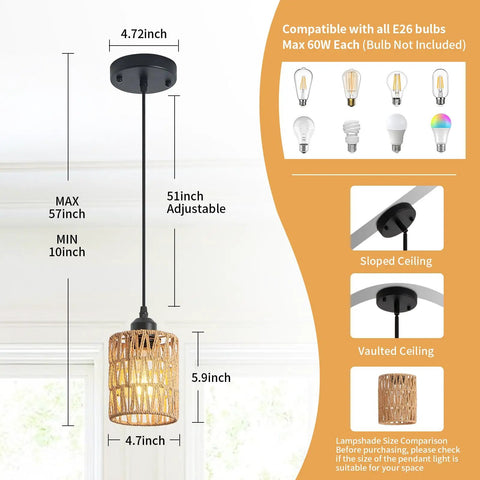 Straight Up Chic Boho Lighting Vibe For Your Sweet Space Featuring This Super Bright 3 Pack Woven Rattan Pendant Fixture, dimensions and adjustable height indicated.