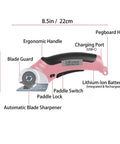 Heavy Duty Cordless Electric Scissors With Fast Usb Rechargeable Power And Self Sharpening Steel Blades For Slick Cuts Through Denim Fabric Leather Carpet And Stubborn Cardboard In Nifty Pink, showing ergonomic handle and blade guard.