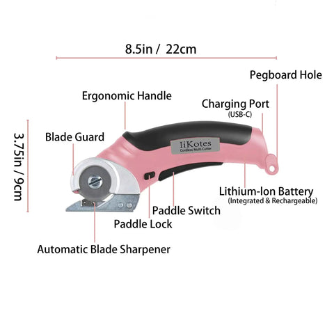 Heavy Duty Cordless Electric Scissors With Fast Usb Rechargeable Power And Self Sharpening Steel Blades For Slick Cuts Through Denim Fabric Leather Carpet And Stubborn Cardboard In Nifty Pink, showing ergonomic handle and blade guard.