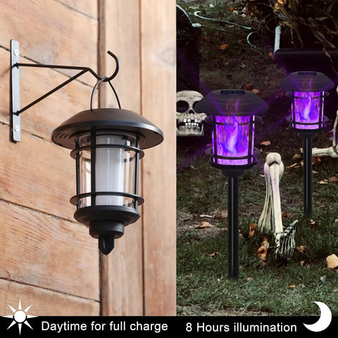 Six Pack Solar Flame Torch Lights Outdoor Dual Use Flickering Purple Flame Garden Lanterns Auto On Off Waterproof Halloween Lighting on wooden wall and lawn