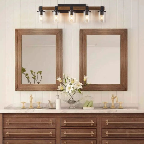 Five Light Farmhouse Vanity Light With Wood And Black Finish in bathroom over dual mirrors, rustic wall sconce, modern decor