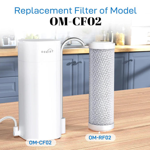 Certified Replacement Filter For OM-CF02 And OM-CF04 Countertop Water Filter next to filtration system on kitchen counter.