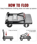 Illustration showing how to fold the Upgraded Foldable Push Cart Dolly With 780 Lb Capacity And 360 Degree Swivel 5 Inch PU Wheels For Quiet Operation.