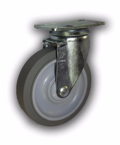 Heavy Duty Five Inch Swivel Casters With Non Marking Tpr Wheels One Thousand Three Hundred Pound Capacity Four Pack Includes Two Sturdy Top Brakes For Effortless Rolling And Built Tough Everyday Grind