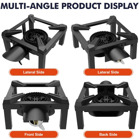 Multi-angle view of Beast High-Pressure Outdoor Propane Stove with 100,000 BTU heat, showing lateral, front, and back sides.