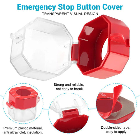 Emergency Stop Button Lockout Cover Kit Four Pack for Industrial Control Panels and Machinery, transparent and red design