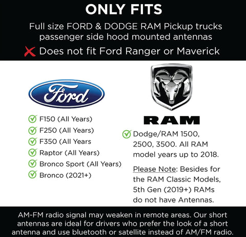 Compatibility chart for 4 Inch Black Truck Antenna For Ford F Series F150 F250 F350 Super Duty Bronco And Raptor Anti Theft