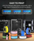 3D printers with various colored filament spools, including Bulk PLA 3D Printer Filament 4 Pack 1.1Kg Spools 1.75mm Black.