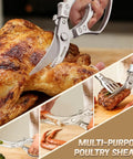 Heavy Duty Poultry Shears For Effortless Cutting And All Purpose Kitchen Scissors With Sharp Durable Blades, Ergonomic Handles, Ideal For Trimming Drumsticks, Wings, Thighs, Ribs, And Both Raw Or Cooked Poultry. Silver stainless steel shears cutting roasted chicken and ribs