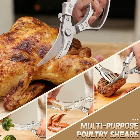 Heavy Duty Poultry Shears For Effortless Cutting And All Purpose Kitchen Scissors With Sharp Durable Blades, Ergonomic Handles, Ideal For Trimming Drumsticks, Wings, Thighs, Ribs, And Both Raw Or Cooked Poultry. Silver stainless steel shears cutting roasted chicken and ribs