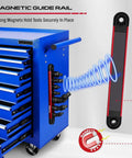 Magnetic guide rail on blue tool cabinet holding Ultimate 21 Piece Female E Torx Star Socket Set With Universal Joint Adapter Kit For Impact Drivers Including Full Range E4 To E24 Sockets And Magnetic Guide Rail Swivel Adapters In Durable Blow Molded Case