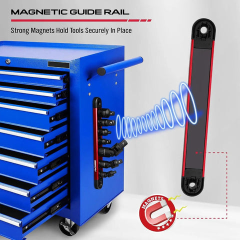 Magnetic guide rail on blue tool cabinet holding Ultimate 21 Piece Female E Torx Star Socket Set With Universal Joint Adapter Kit For Impact Drivers Including Full Range E4 To E24 Sockets And Magnetic Guide Rail Swivel Adapters In Durable Blow Molded Case