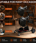 Heavy Duty Rolling Saddle Rack Cart With Spacious Basket And Locking Casters For Super Smooth Glides displaying saddles in tack room.