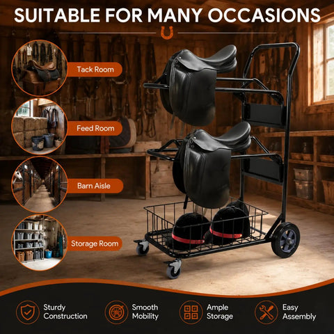 Heavy Duty Rolling Saddle Rack Cart With Spacious Basket And Locking Casters For Super Smooth Glides displaying saddles in tack room.