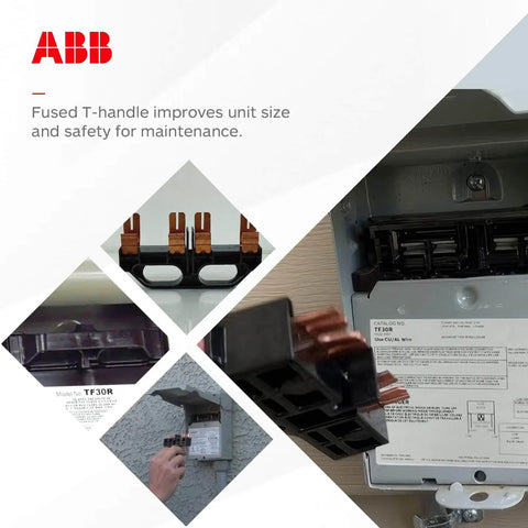 Weatherproof fused AC disconnect switch 30A 240V single-unit 1-phase NEMA 3R, pull-out fusible design, close-up views.