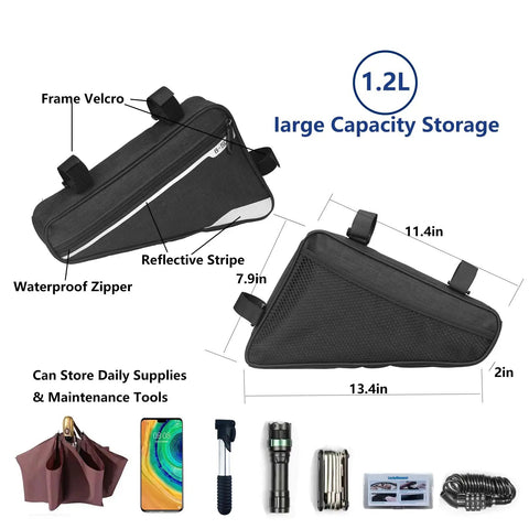 All In One Bike Repair Kit With 16 Tools Mini Pump Tire Levers Patches And Water Resistant Triangle Frame Bag dimensions and features