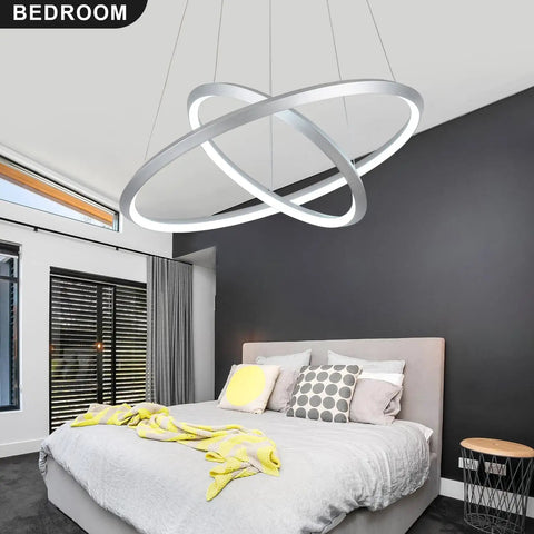 Two Ring Diamond LED Chandelier Pendant Light Dimmable Cool White 6000K Adjustable Modern Fixture in a bedroom setting.
