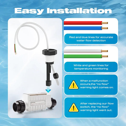 Replacement Flow Switch For IntelliChlor IC Series Salt Chlorinator Cells With 4 Wire Connection Beefed Up Pro Grade Pool Flow Sensor Switch 520736 Compatible With IC40 IC60 IC20 IC15 Durable Steel Sensing Parts. Easy install flow switch with 4-wire cable for pool chlorinator