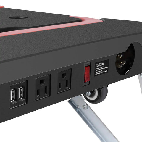 Close-up of All In One Portable Workstation With Power Outlet And Adjustable 20.5 To 31.5 Inch Folding Workbench Table On Wheels