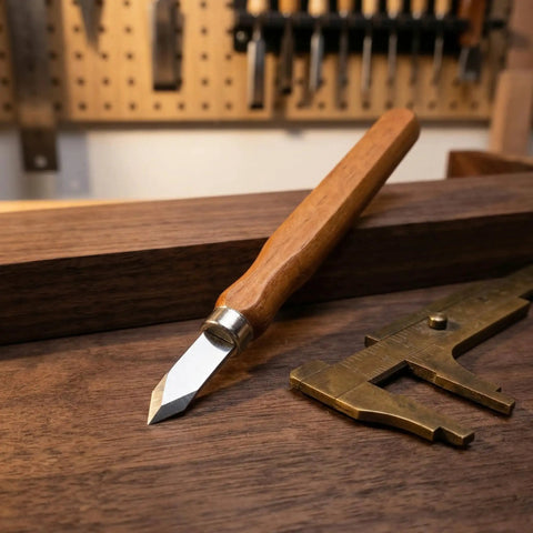 Six Pack Heavy Duty Woodworking Marking Knives With High Carbon Steel Blades and Dual Bevel Heads placed on walnut wood surface.