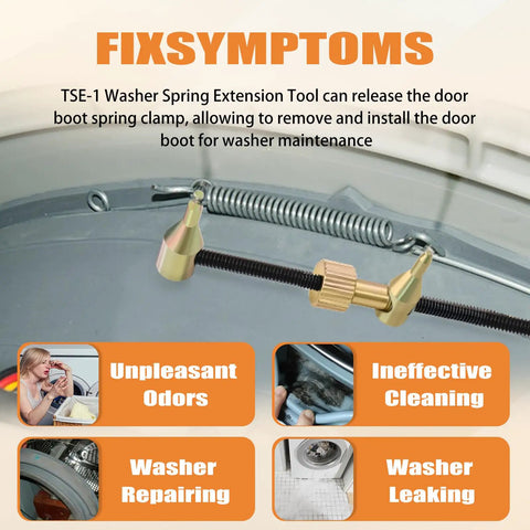 No Sweat Universal Front Load Washer Seal Spring Expansion Tool For Lg Samsung Whirlpool Kenmore Door Boot Repair Kit shown on washing machine.