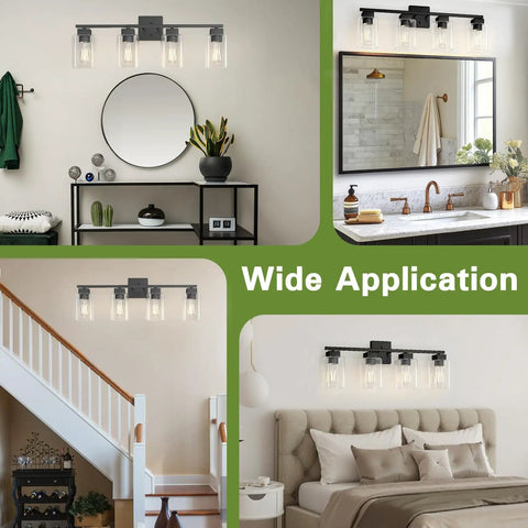 Four Light Matte Black Vanity Light With Square Backplate Glass Shades displayed in various rooms highlighting versatility.