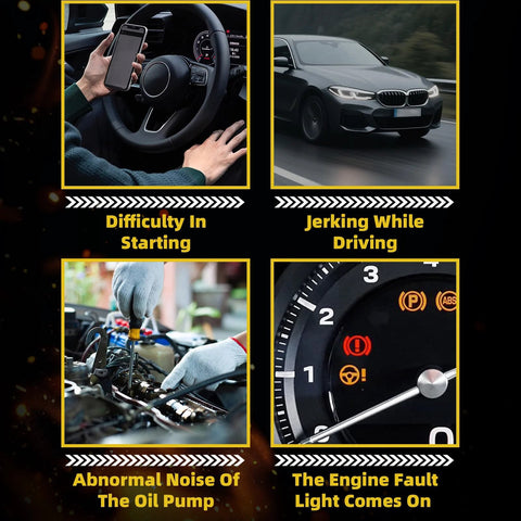 Collage showing symptoms of car fuel issues: difficulty in starting, jerking while driving, abnormal noise, engine fault light.