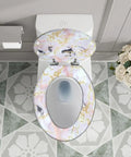 Top view of Elongated Resin Toilet Seat for Bathroom with a marble design, measuring 14.5" x 18.5" for standard toilets.