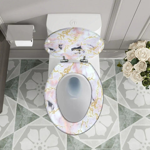 Top view of Elongated Resin Toilet Seat for Bathroom with a marble design, measuring 14.5" x 18.5" for standard toilets.