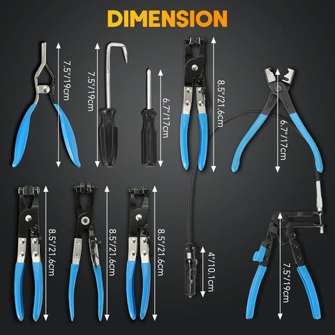 9-piece Weyleity long-reach hose clamp plier set with blue handles for automotive fuel, oil and coolant hoses