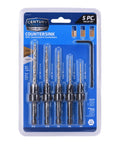 Killer 5 Piece Countersink Set For Screw Sizes 4 Through 12 Adjustable Four Cutter Drill Bit in blue packaging.