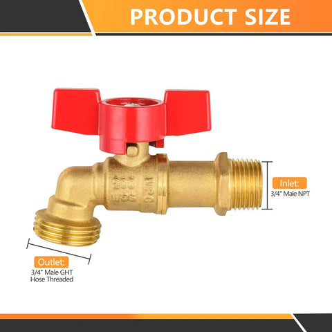 Side view of 5-Pack Sillcock Hose Bibb Valve Set, 3/4 Inch MIP Inlet X 3/4 Inch MHT Outlet, brass construction with red handle